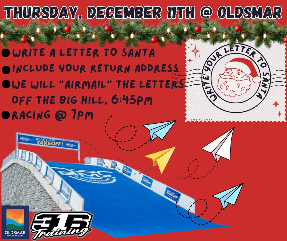 Join us this Thursday for an exciting BMX racing event! Practice kicks off at 5pm sharp, followed by thrilling races starting at 7pm. Don't miss out on the opportunity to send your wishes to Santa in a unique way. We'll provide the paper and pens for you to write your letter, which you can then transform into a paper airplane. At 6:40pm, gather at the 8-meter hill to launch your letters skyward, sending them on their magical journey to Santa. It's an event filled with fun, excitement, and a touch of holiday magic!