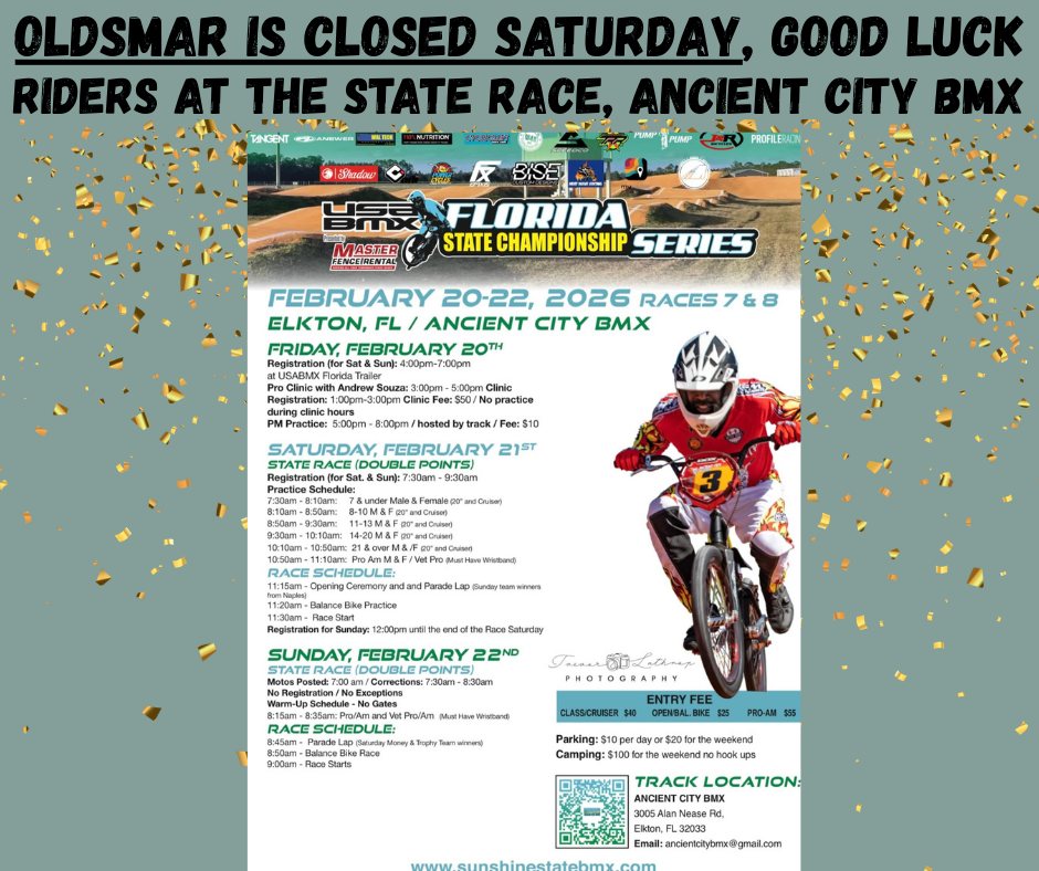 We are closed this Saturday for the State Race in St. Augustine. Wishing good luck to everyone attending!