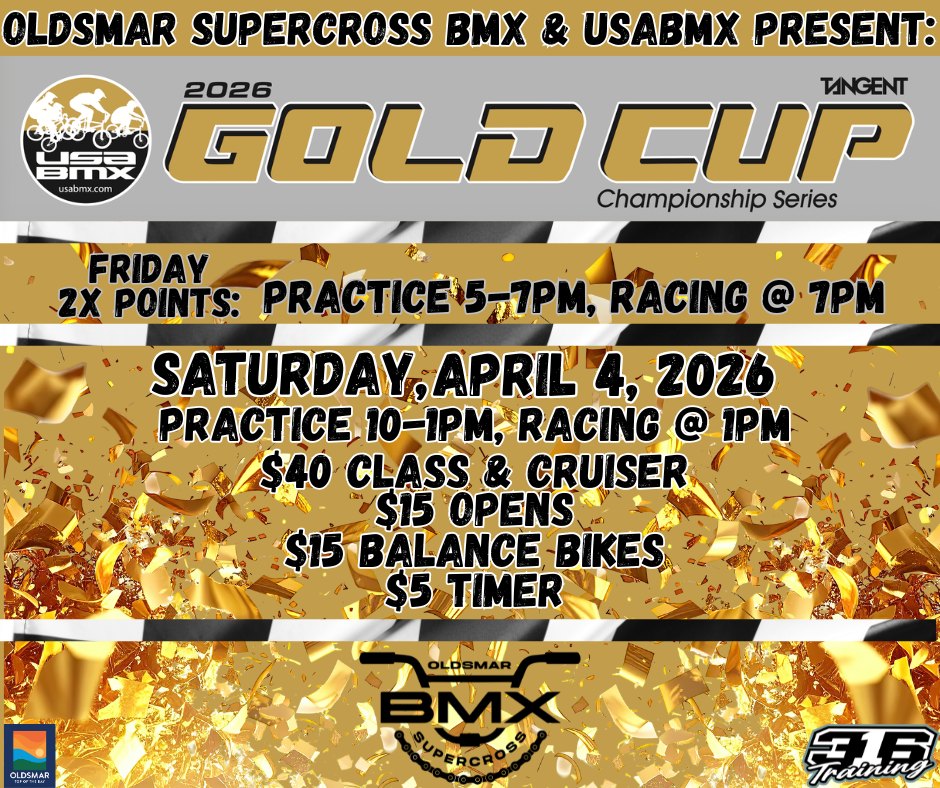 It's Gold Cup weekend!!! 
Tonight: double points — practice 5pm, racing 7pm. 
Tomorrow: Gold Cup Race-practice 10am, racing 1pm