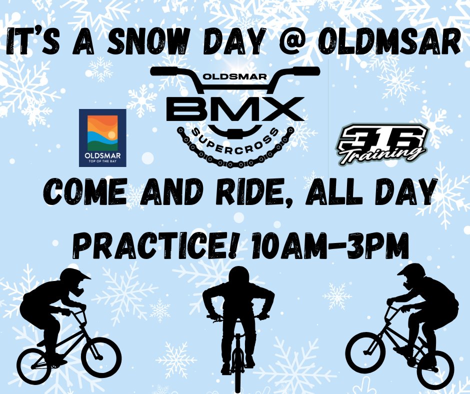 Join us for an exciting all-day snow day today BMX practice session! From 10am to 3pm, you'll have the opportunity to hone your skills and enjoy the thrill of riding in the snow. The cost for this action-packed day is just $10. Don't miss out on the fun and the chance to improve your BMX abilities in a unique winter setting. See you there!